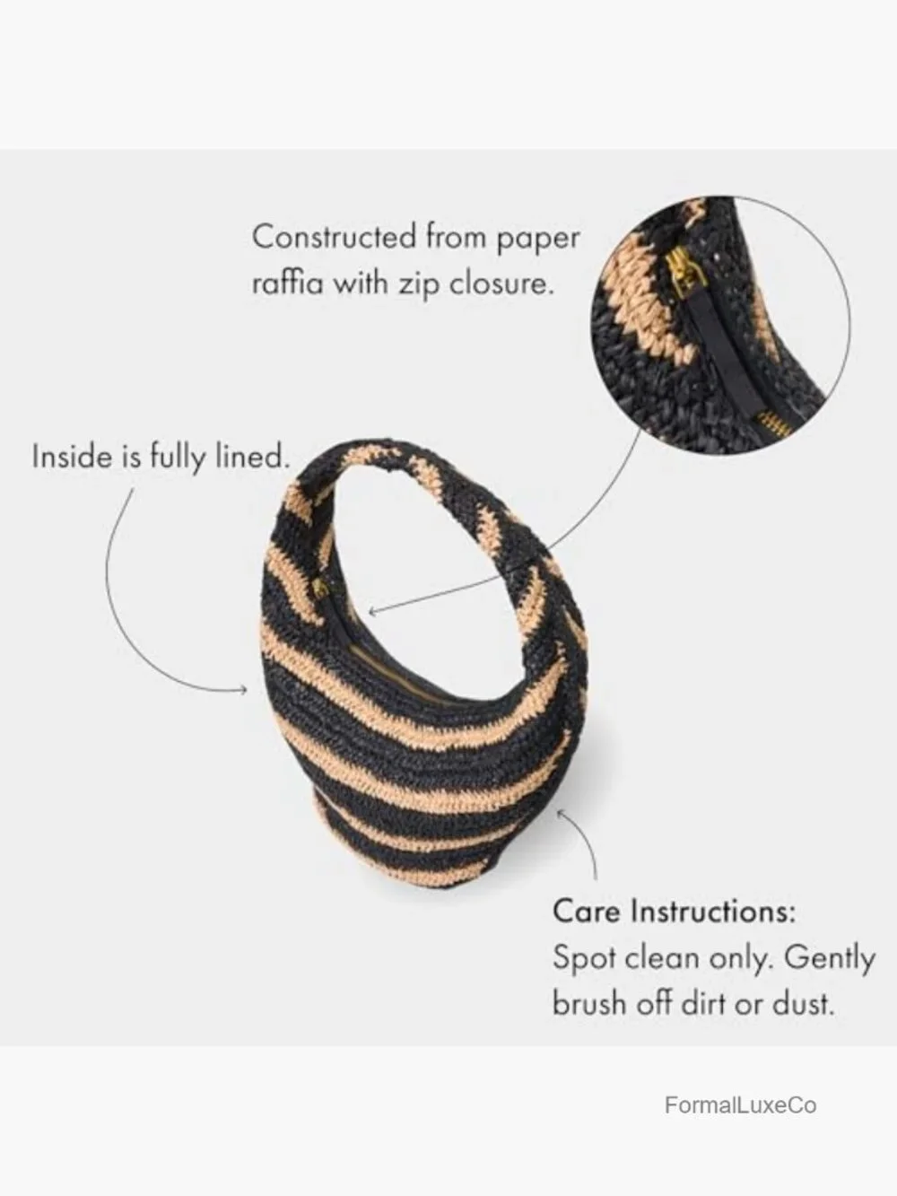 Oval Hobo Circle Handbag Striped Raffia Zipper Closure Fully Lined